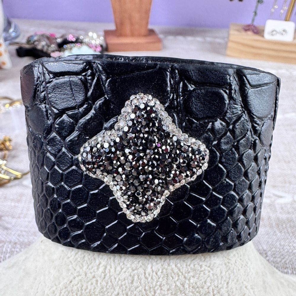 Black Embossed Faux Croc Bracelet with Jeweled Star Accent